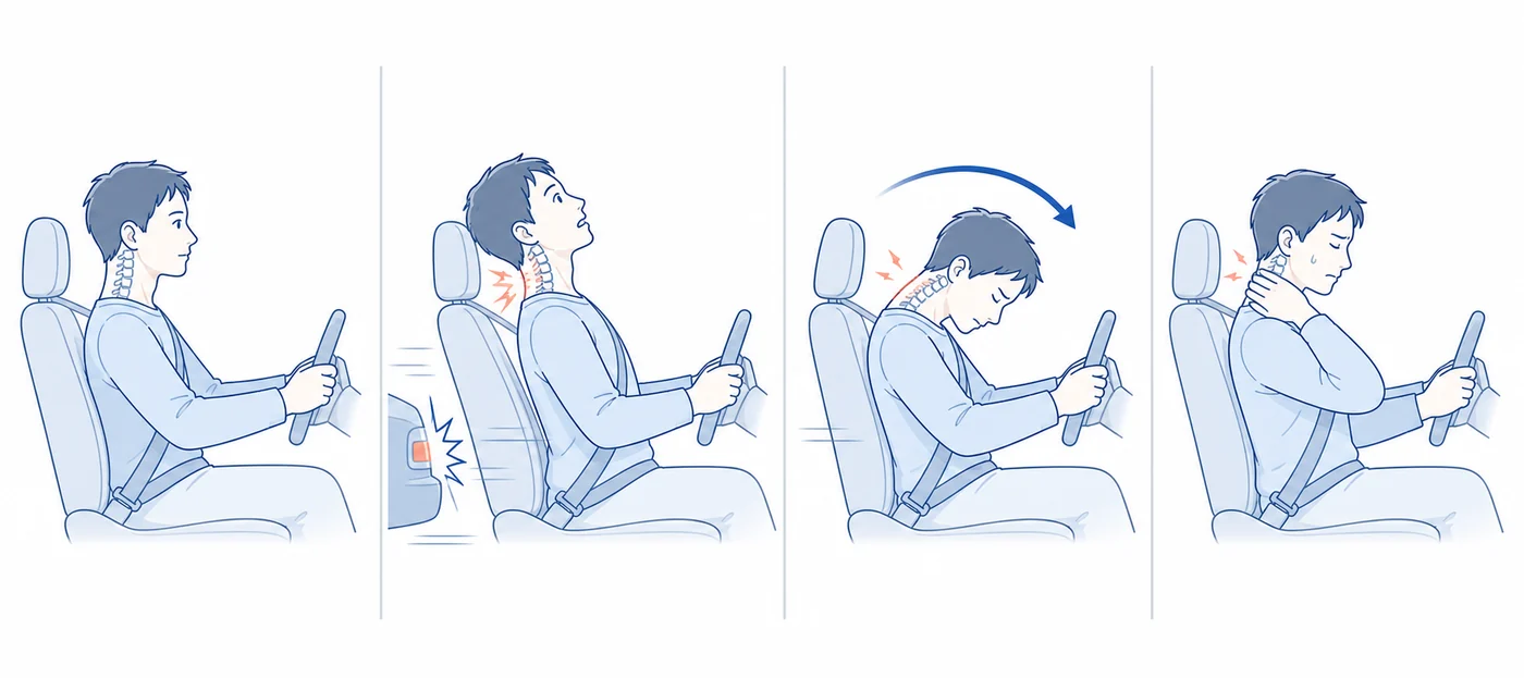 むちうちのメカニズム — 追突時に頸部が後ろへ反り、その後前へ振られて痛みが残る流れの図解