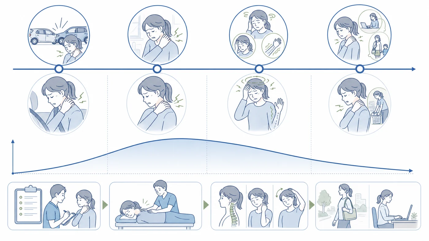 むちうちの症状が事故直後から数日後・数週間後へ変化する流れの図解