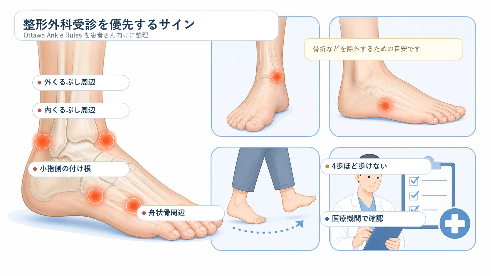 足首捻挫で整形外科受診を優先すべきサイン(Ottawa Ankle Rules)
