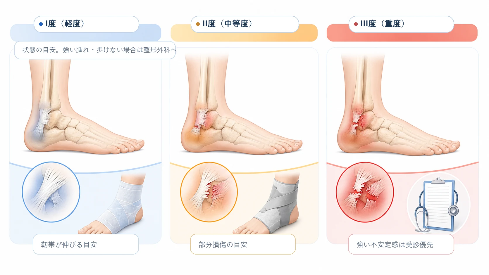 足関節捻挫の重症度3段階 — I度軽症・II度部分断裂・III度完全断裂