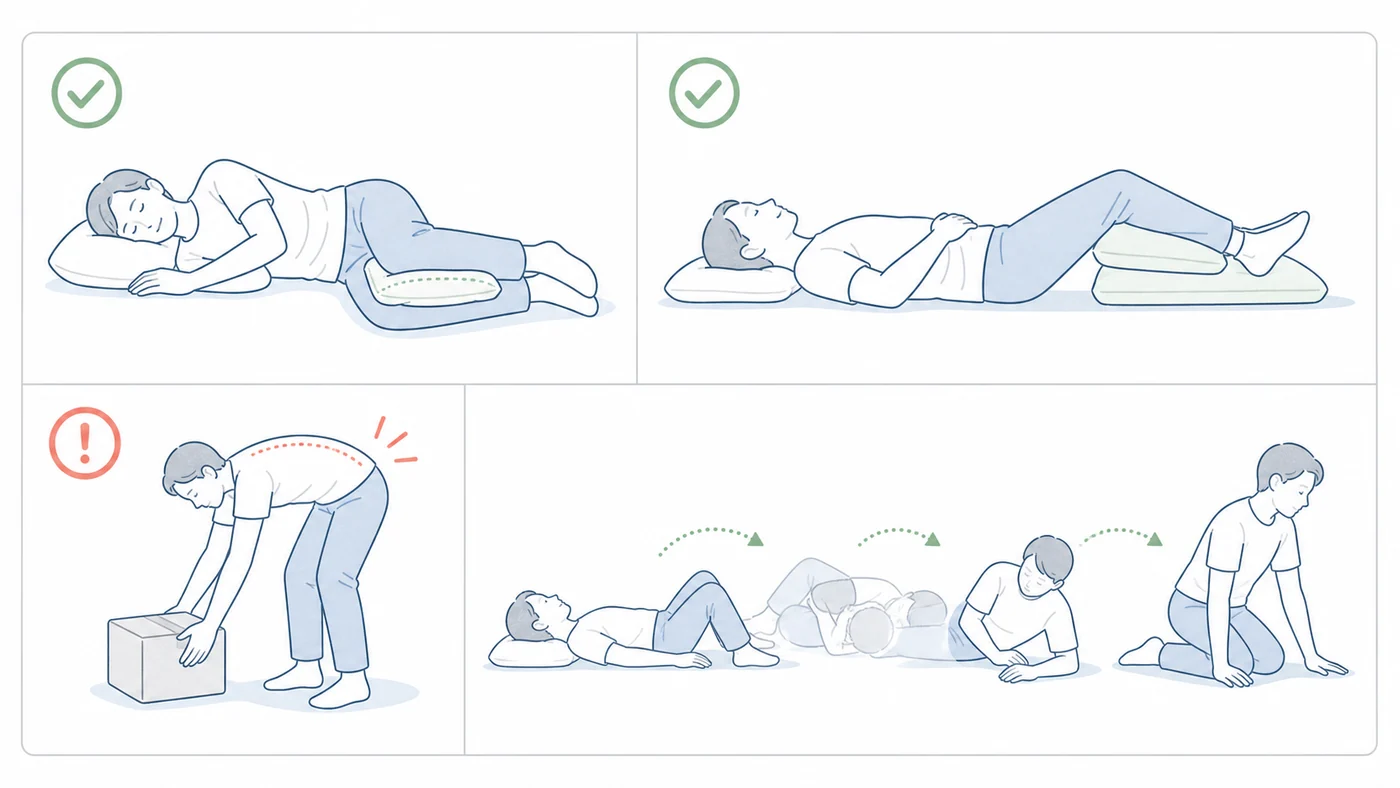 ぎっくり腰直後に腰の負担を抑えやすい体勢と避けたい前かがみ動作の図解