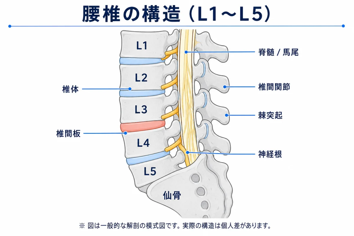 腰椎の構造 L1〜L5と仙骨・椎間板・神経根・脊髄馬尾・椎間関節 模式図