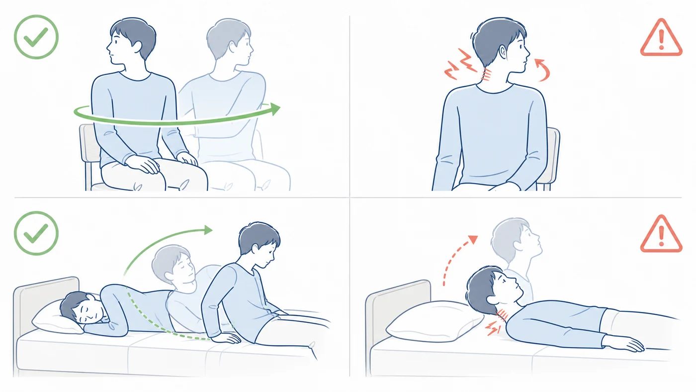 寝違え直後に首だけを無理に回さず身体ごと向きを変える動作の図解