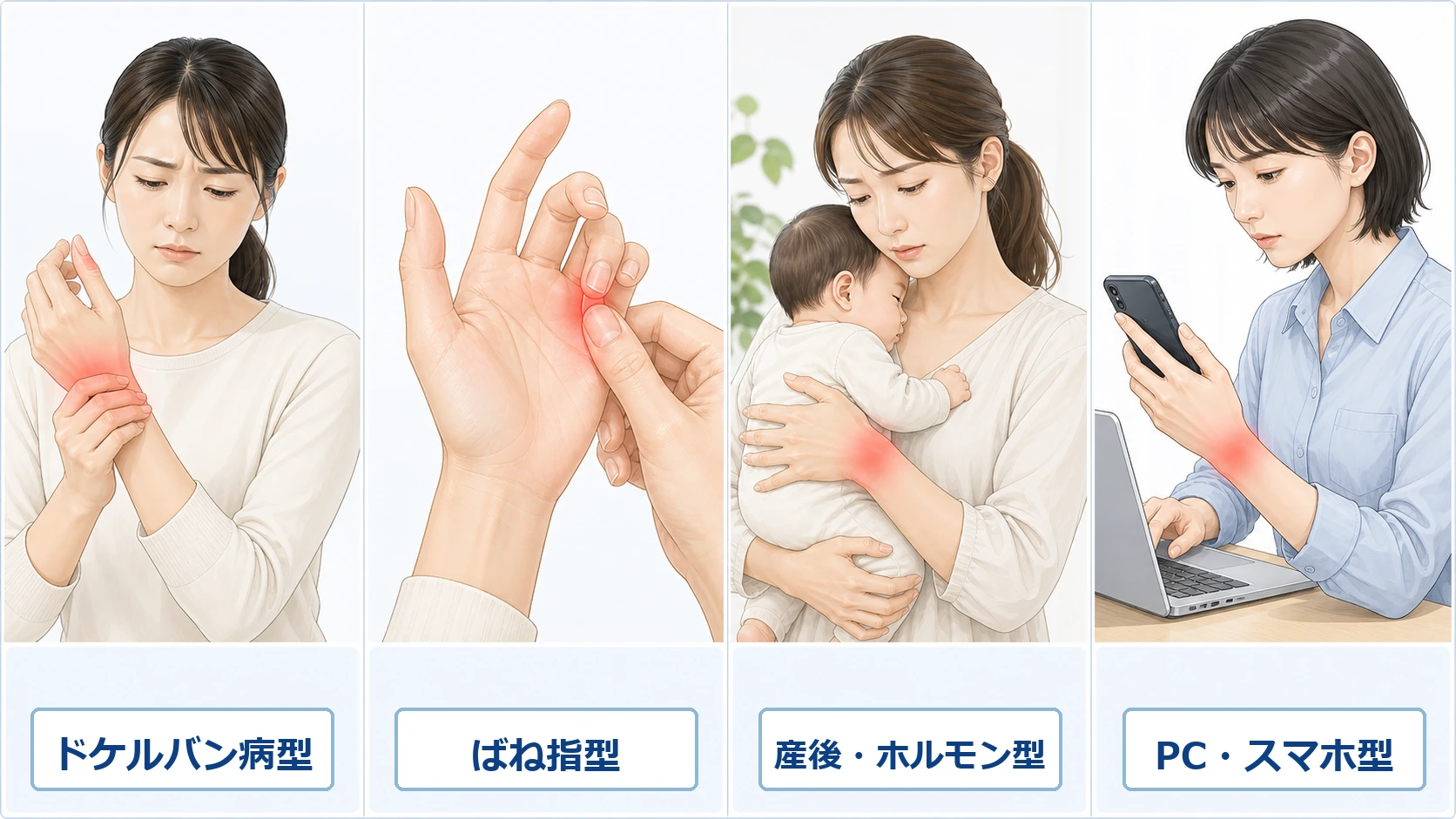 腱鞘炎の4タイプ — ドケルバン病型、ばね指型、産後・ホルモン型、PC・スマホ型のイメージ図