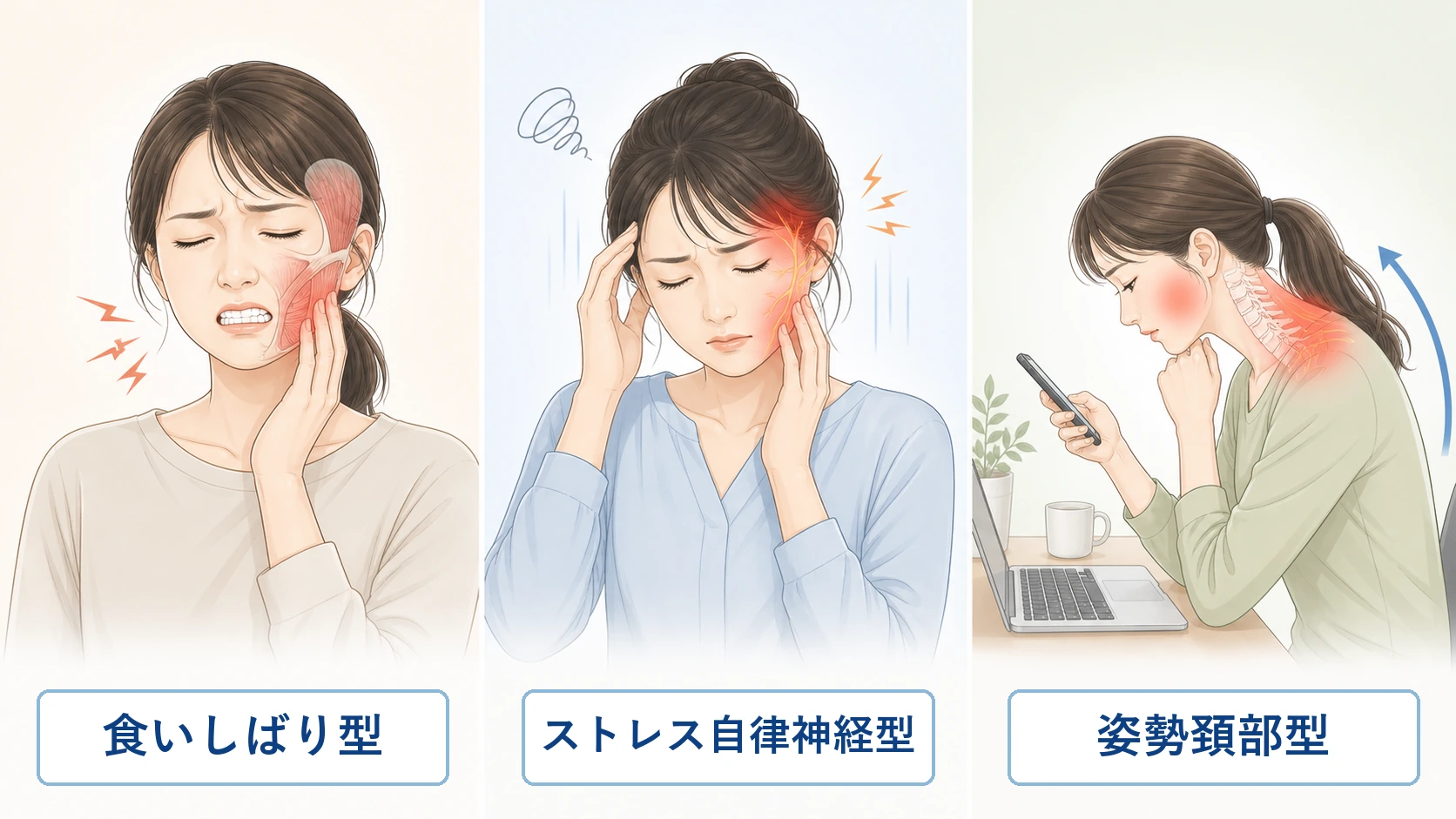顎関節症の背景負荷による3タイプ — 食いしばり型、ストレス自律神経型、姿勢頚部型のイメージ図